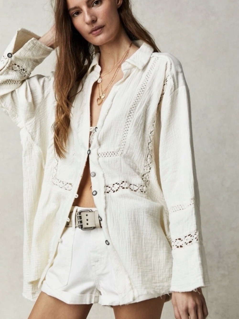 NEW FREE PEOPLE Cotton Ranch Shirt Small Women's Loose Button Down Oversized